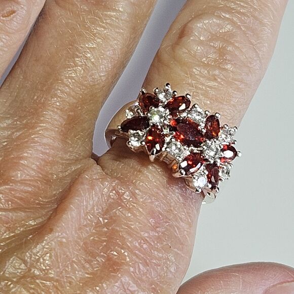 925 Sterling Silver Orange & Clear Rhinestone Flower Ring Sz 7.5 - Picture 7 of 16